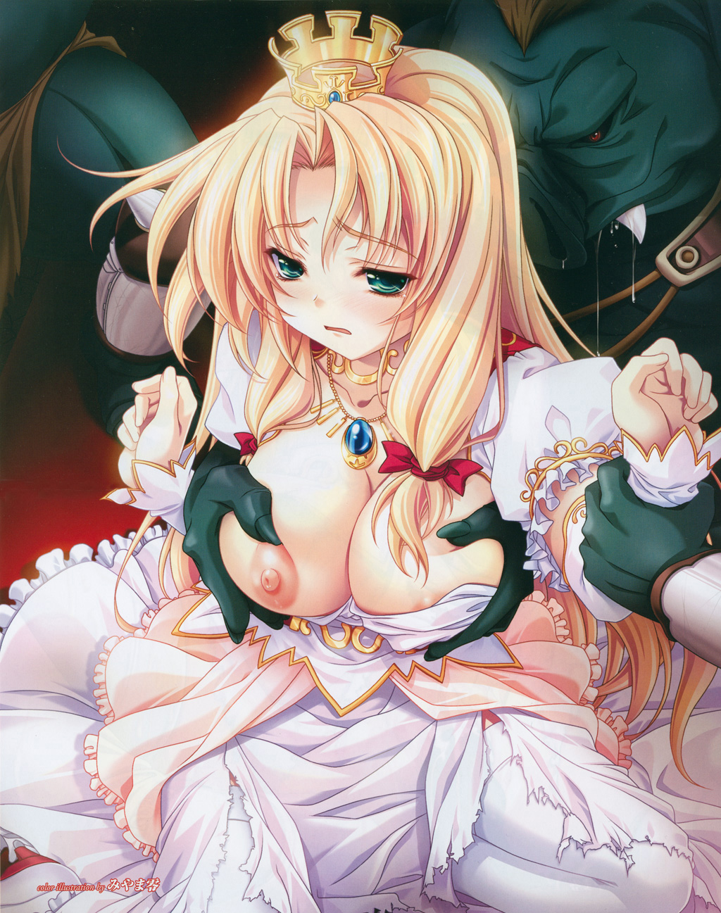 arm_grab bestiality blonde_hair blush bow breast_grab breast_slip breasts cleavage copyright_request crown detached_sleeves dress dress_pull fang grabbing green_eyes green_skin groping hat highres jewelry kneeling large_breasts long_hair miyama-zero monster necklace nipple_slip nipples no_bra one_breast_out open_mouth pendant rape restrained saliva solo_focus tears thighhighs torn_clothes white_legwear