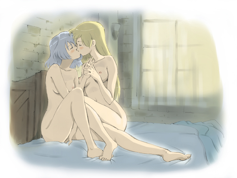 barefoot bed blonde_hair blush breasts caracol closed_eyes couple eila_ilmatar_juutilainen feet fingering holding_hands kiss long_hair medium_breasts multiple_girls nipples nude sanya_v_litvyak short_hair silver_hair strike_witches world_witches_series yuri