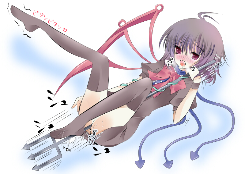 ahoge bad_id bad_pixiv_id black_legwear blush breath crotch_rub houjuu_nue masturbation open_mouth polearm purple_hair pussy_juice red_eyes saliva shibainu_niki short_hair solo thighhighs touhou trident weapon wings zettai_ryouiki