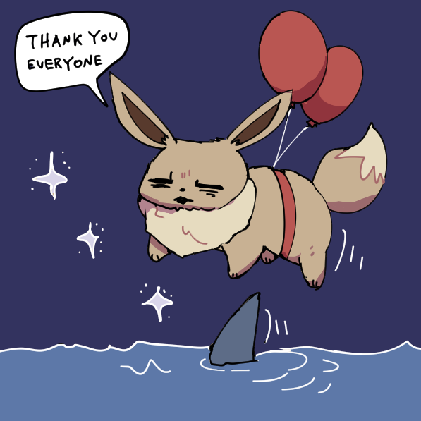 animal_focus bags_under_eyes balloon blue_sky boke-chan closed_eyes commentary_request eevee english_text floating full_body fur_collar motion_lines night no_humans open_mouth pokemon pokemon_(creature) shark sketch sky solo sparkle speech_bubble talking water wrinkled_frown_(detective_pikachu)