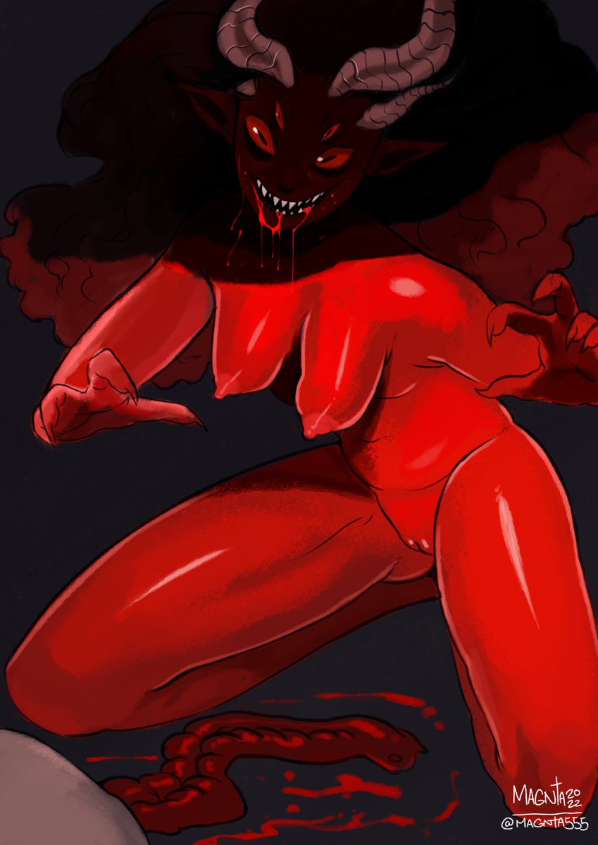 2022 4_eyes blood bodily_fluids breasts claws demon demon_humanoid female finger_claws front_view full-length_portrait genitals hi_res horn horned_humanoid humanoid kneeling magnta multi_eye nipples not_furry nude nude_female nude_humanoid portrait pussy red_body red_nipples red_skin solo