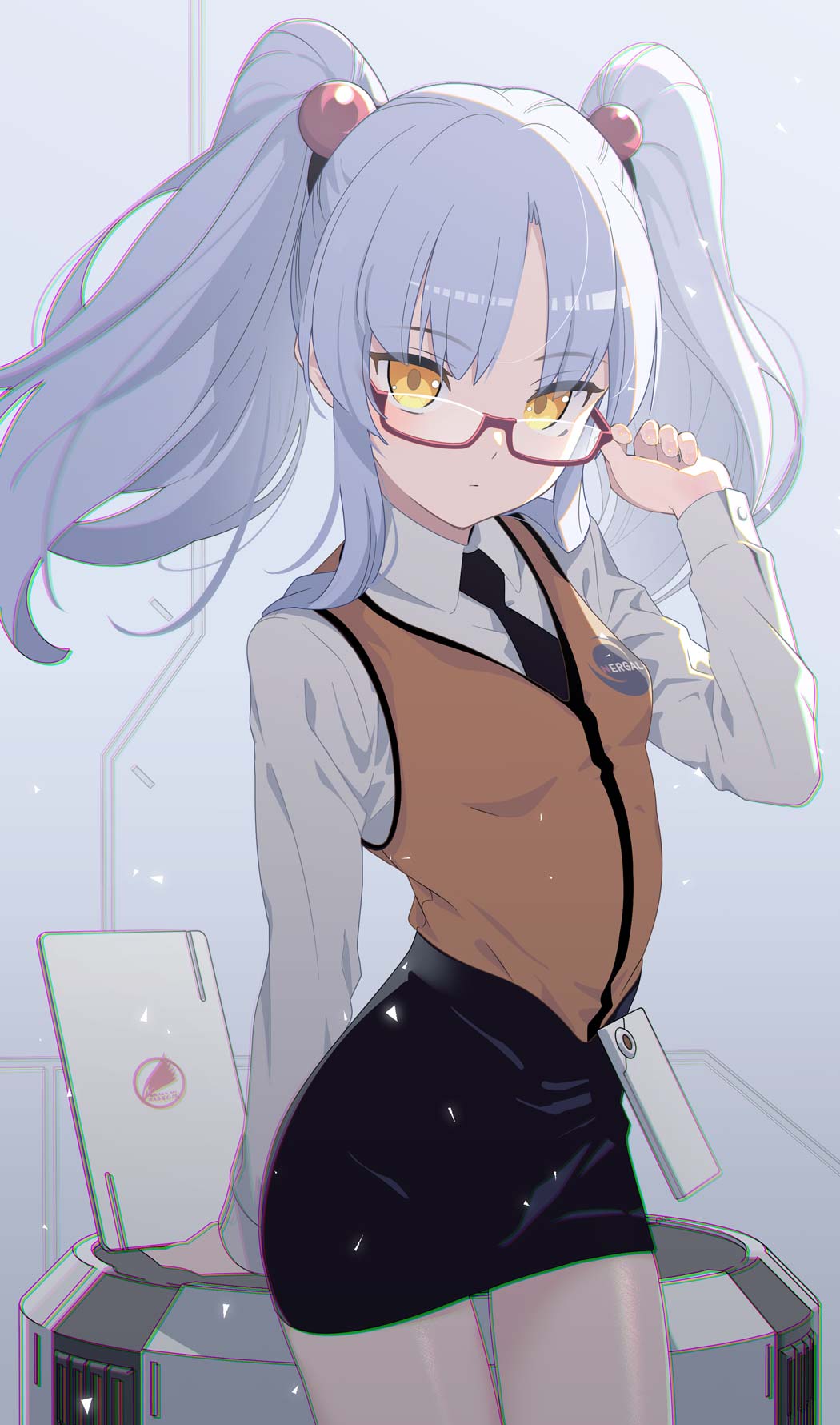 1girl adjusting_eyewear bespectacled black_necktie clipboard cowboy_shot glasses hair_bobbles hair_ornament highres hoshino_ruri kidou_senkan_nadesico looking_at_viewer necktie orange_vest pencil_skirt red-framed_eyewear shiomiya_iruka skirt solo twintails vest white_hair yellow_eyes