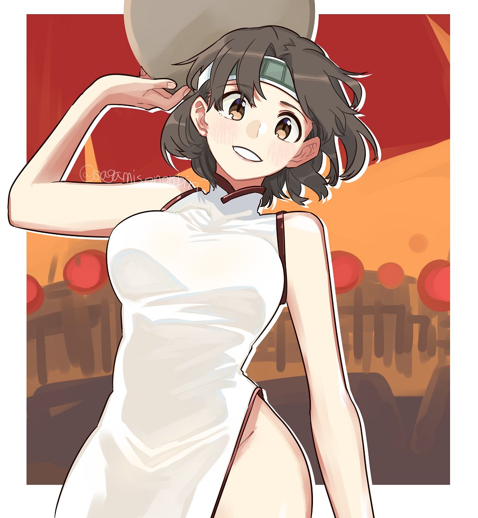 1girl alternate_costume brown_eyes brown_hair china_dress chinese_clothes chiyoda_(kancolle) cowboy_shot dress headband kantai_collection looking_at_viewer parted_lips sagamiso short_hair smile solo tray twitter_username white_dress