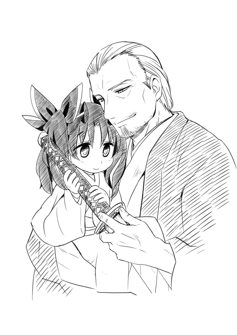 1boy 1girl bow carrying child_carry cropped_torso curtained_hair facial_hair fate/grand_order fate_(series) fatherly female_child greyscale hair_bow hair_slicked_back haori haretaka holding holding_sword holding_weapon ishtar_(fate) japanese_clothes katana kimono looking_at_another looking_at_object monochrome old old_man sheath sheathed short_hair simple_background smile space_ishtar_(fate) space_ishtar_(first_ascension)_(fate) stubble sword twintails weapon white_background yagyuu_munenori_(fate) younger
