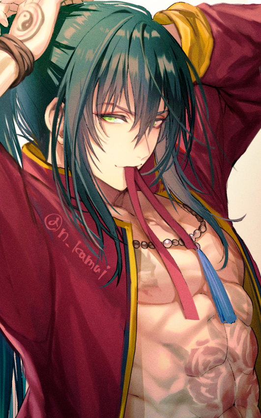 1boy abs arms_behind_head bangs black_hair chain_necklace closed_mouth commentary_request fate/grand_order fate_(series) flower_tattoo full-body_tattoo green_eyes hair_between_eyes jacket jewelry light_smile long_hair long_sleeves looking_at_viewer male_focus mouth_hold n_kamui necklace official_alternate_costume pearl_necklace ponytail red_jacket red_ribbon ribbon ribbon_in_mouth smile solo tattoo toned toned_male tying_hair upper_body very_long_hair yan_qing_(fate) yan_qing_(training_wear)_(fate) yin_yang yin_yang_tattoo