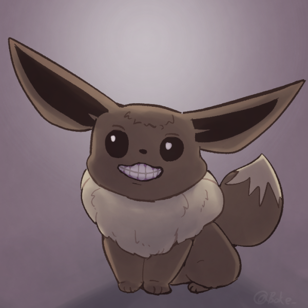 animal_focus artist_name backlighting boke-chan brown_eyes commentary eevee full_body fur_collar gradient gradient_background grin happy horror_(theme) looking_at_viewer no_humans pokemon pokemon_(creature) purple_background signature simple_background sitting smile solo teeth twitter_username