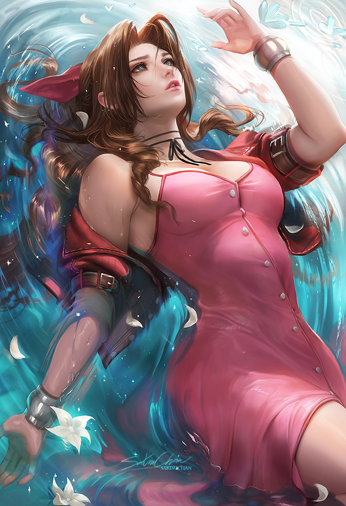 1girl aerith_gainsborough artist_name banned_artist bow bracelet breasts brown_hair cleavage cropped_jacket dress final_fantasy final_fantasy_vii floating_hair flower green_eyes hair_bow hair_intakes jacket jewelry long_hair looking_up lying medium_breasts on_back open_clothes open_jacket parted_lips pink_bow pink_dress red_jacket sakimichan short_dress short_sleeves signature sleeveless sleeveless_dress solo spaghetti_strap sundress very_long_hair watermark white_flower