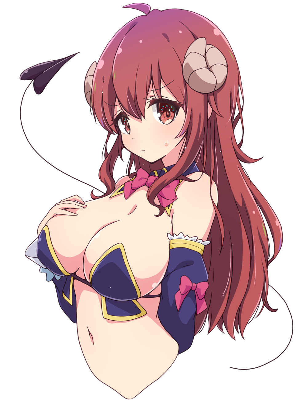 1girl ahoge blush bow bowtie breasts cleavage cropped_torso curled_horns demon_girl demon_horns demon_tail detached_collar detached_sleeves hand_on_own_chest highres horns large_breasts long_hair machikado_mazoku mel_(melty_pot) navel pink_bow red_eyes red_hair simple_background solo tail upper_body yoshida_yuuko_(machikado_mazoku)