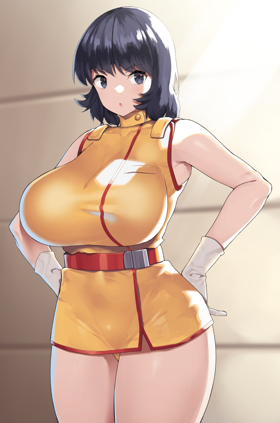 1girl :o bare_shoulders belt black_eyes black_hair breasts covered_navel cowboy_shot curvy dress gloves hands_on_hips highres huge_breasts looking_at_viewer medium_hair nagase_haruhito open_mouth orange_dress original short_dress sleeveless sleeveless_dress solo sunlight taut_clothes taut_dress thick_thighs thighs turtleneck white_gloves