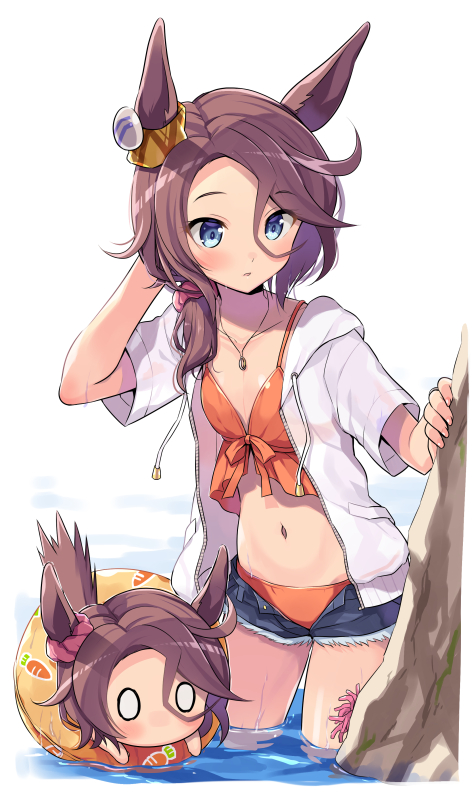 1girl alternate_costume animal_ears bikini bikini_under_clothes blank_eyes blue_eyes blush breasts brown_hair chibi cleavage collarbone cutoffs denim denim_shorts hand_in_own_hair hood hooded_jacket horse_ears horse_girl horse_tail innertube jacket jewelry long_hair narita_taishin_(umamusume) navel necklace odawara_hakone open_clothes open_jacket orange_bikini parted_lips rock short_shorts short_sleeves shorts small_breasts standing swimsuit tail umamusume wading water wet white_background white_jacket