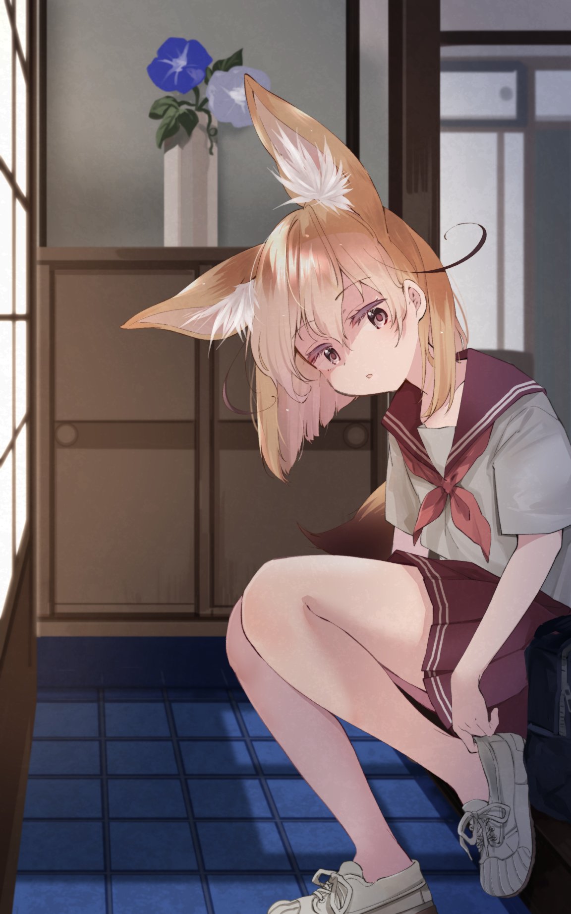 1girl alternate_costume animal_ears blonde_hair coat commentary_request extra_ears fennec_(kemono_friends) fox_ears fox_girl fox_tail highres kemono_friends multicolored_hair nanana_(nanana_iz) neckerchief pleated_skirt purple_coat purple_skirt putting_on_shoes red_neckerchief sailor_collar school_uniform serafuku shirt shoes short_hair short_sleeves sitting skirt sneakers solo tail white_footwear white_hair white_shirt