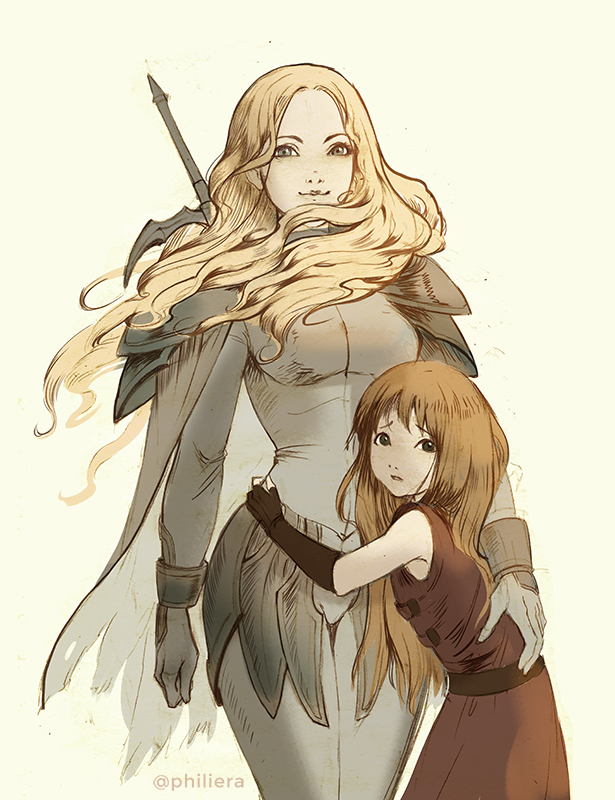 2girls black_eyes blonde_hair blue_eyes bodysuit breasts brown_hair clare_(claymore) claymore clenched_hand dress floating_hair grey_bodysuit hand_on_another's_back long_hair medium_breasts multiple_girls parted_lips philiera red_dress scared smile teresa_(claymore)
