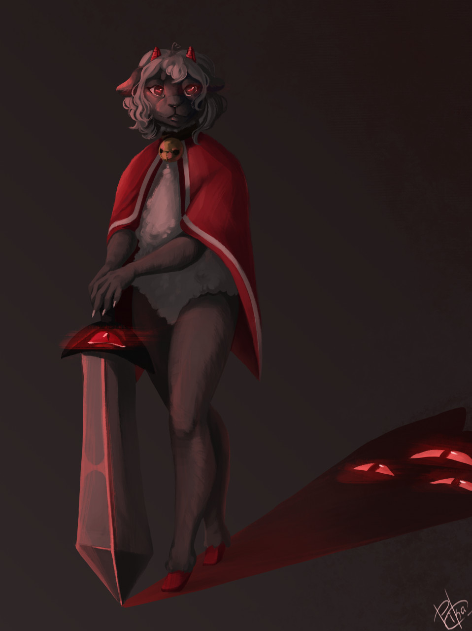 2022 anthro bell bell_collar bovid cape caprine claws clothing collar cult_of_the_lamb demon_eyes digital_drawing_(artwork) digital_media_(artwork) ears_down female fikanori fingers_claws fur grey_body grey_fur hair hand_holding_object hand_on_sword hi_res hooves horizontal_pupils horn lamb_(cult_of_the_lamb) looking_at_viewer mammal melee_weapon pivoted_ears pupils red_cape red_eyes shadow sheep short_hair short_horn simple_background small_horn smile smiling_at_viewer solo sword text watermark weapon white_hair wool_(fur)