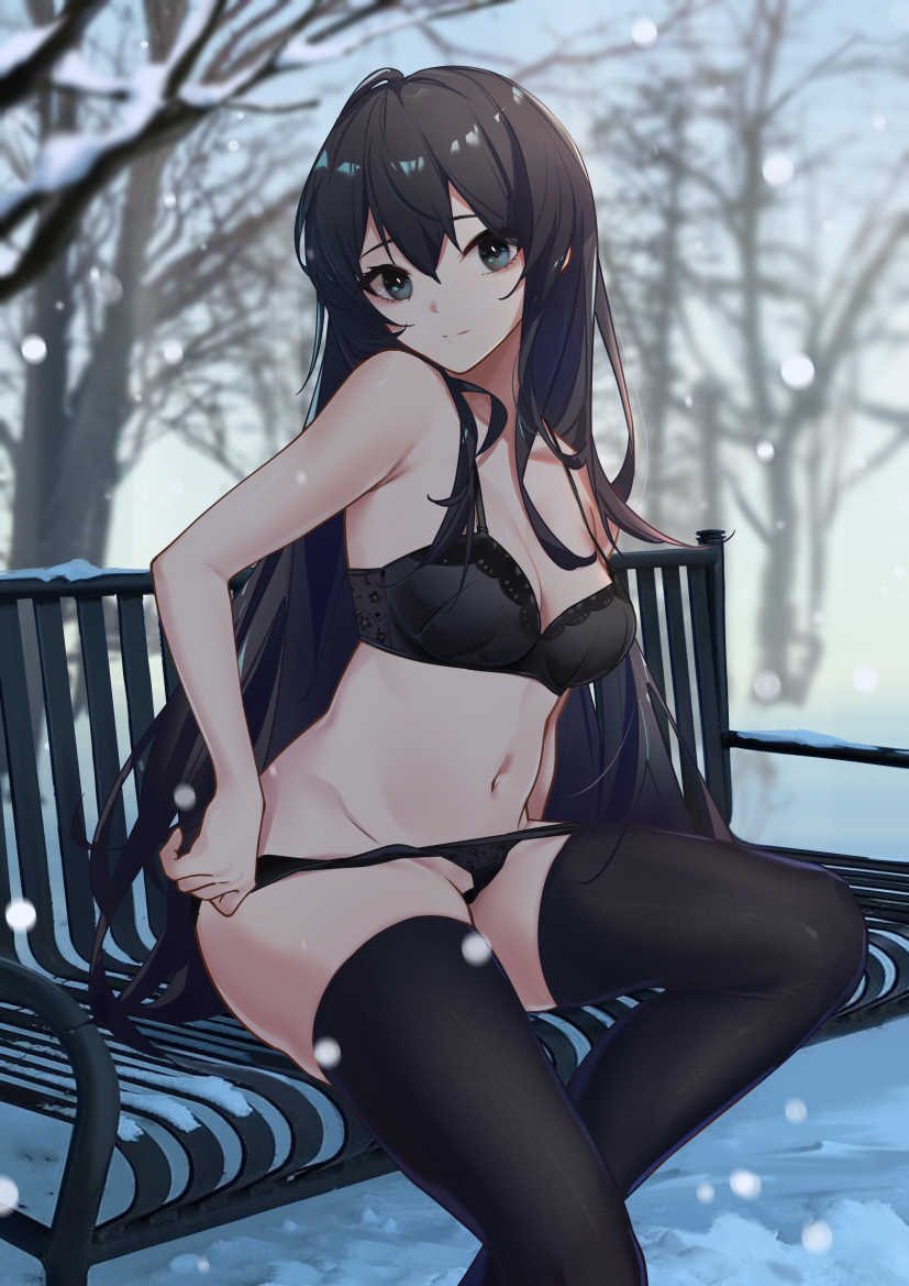 1girl bangs bare_arms bare_shoulders bare_tree bench black_bra black_hair black_panties black_thighhighs bra breasts cleavage closed_mouth collarbone day exhibitionism faicha feet_out_of_frame green_eyes long_hair looking_at_viewer medium_breasts navel outdoors panties panty_pull park_bench public_indecency pulled_by_self sitting smile snow solo stomach thighhighs tree underwear very_long_hair winter yahari_ore_no_seishun_lovecome_wa_machigatteiru. yukinoshita_yukino