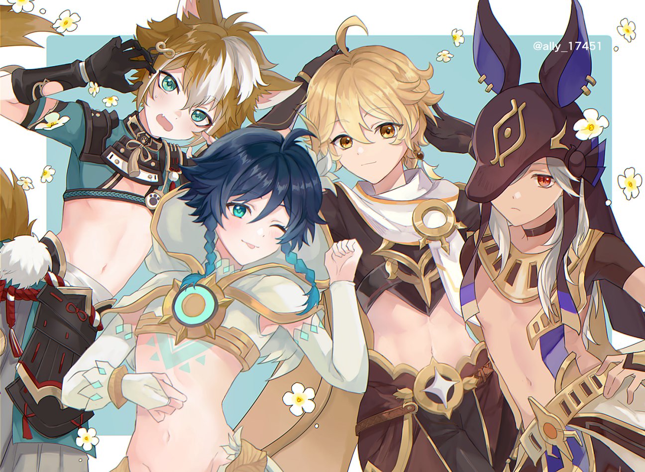 4boys aether_(genshin_impact) androgynous animal_ears animal_hat animal_hood antenna_hair arabian_clothes ari_(bleum) bangs bishounen black_choker black_gloves blonde_hair blue_eyes braid bridal_gauntlets choker clothing_cutout commentary_request cowboy_shot cyno_(genshin_impact) dark-skinned_male dark_skin dog_boy dog_ears dog_tail earrings flower genshin_impact gloves gorou_(genshin_impact) gradient_hair green_eyes grey_hair hair_between_eyes hair_ornament hair_over_one_eye hat headpiece hood jackal_ears japanese_clothes jewelry long_hair looking_at_viewer male_focus multicolored_hair multiple_boys navel navel_cutout open_mouth orange_eyes orange_hair otoko_no_ko red_eyes short_hair_with_long_locks simple_background single_earring smile stomach_cutout streaked_hair tail tongue tongue_out venti_(genshin_impact) white_flower white_hair yellow_eyes