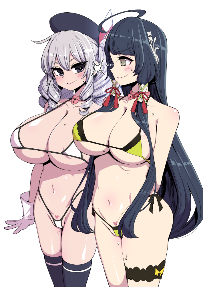 2girls beret bikini blue_eyes blush breasts gloves hair_tubes hanauna hat heart_lock_(kantai_collection) kantai_collection kashima_(kancolle) large_breasts lightning_glare long_hair micro_bikini mizuho_(kancolle) multiple_girls navel pubic_tattoo pussy_juice ribbon sidelocks sweat swimsuit taigei_(kancolle) tattoo twintails very_long_hair wavy_hair