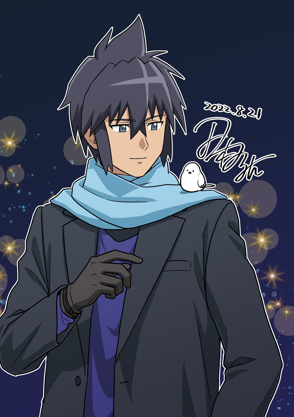 1boy alain_(pokemon) alternate_costume animal_on_shoulder bangs bird bird_on_shoulder black_hair blue_scarf closed_mouth commentary_request dated gloves grey_eyes hand_up highres looking_to_the_side male_focus night one-hour_drawing_challenge outdoors outline pokemon pokemon_(anime) pokemon_xy_(anime) scarf short_hair signature smile tamura_(kouititamura) upper_body