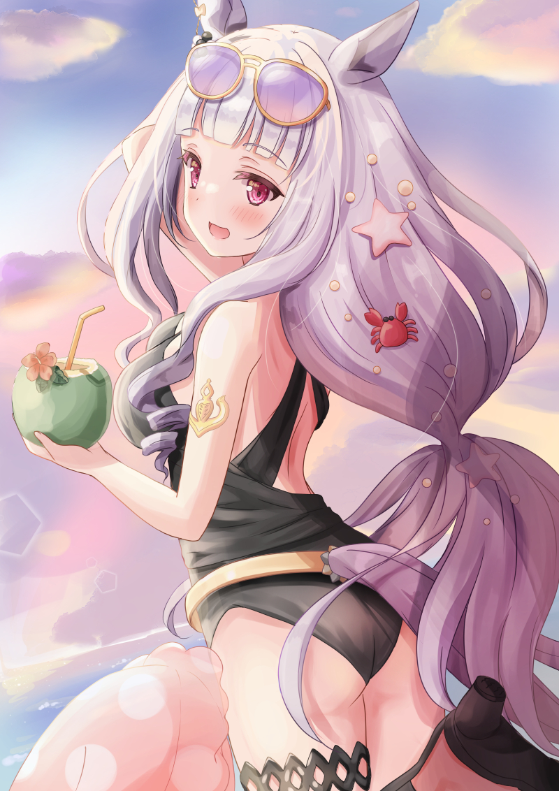 1girl :d animal_ears arm_behind_head arm_up bangs bare_arms bare_shoulders bendy_straw black_footwear black_swimsuit blue_sky blush breasts cloud cloudy_sky commentary_request crab_hair_ornament drinking_straw eyewear_on_head from_behind fruit_cup gold_ship_(run_revolt_launcher)_(umamusume) gold_ship_(umamusume) grey_hair high_heels holding horizon horse_ears horse_girl horse_tail long_hair looking_at_viewer looking_back medium_breasts motoi_ayumu ocean one-piece_swimsuit outdoors purple-tinted_eyewear red_eyes shoe_soles sky smile solo standing standing_on_one_leg starfish_hair_ornament sunglasses super_smashing_summer_vacation_(umamusume) swimsuit tail tinted_eyewear umamusume very_long_hair water yellow-framed_eyewear