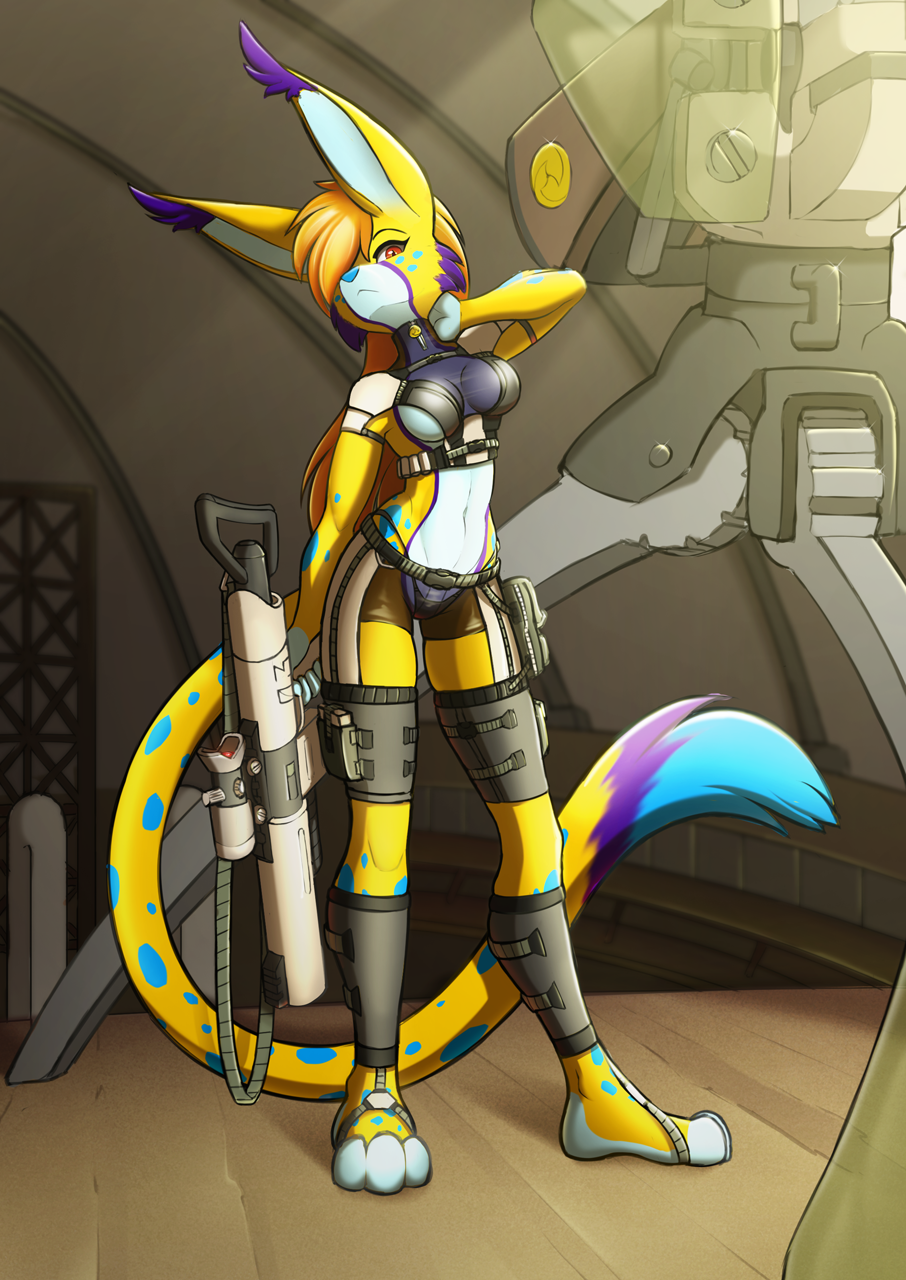 anthro armor artillery barefoot big_ears bobby_frederick clothed clothing crossgender dreamkeepers feet female fur gun gun_sling hair hair_over_eye hi_res inner_ear_fluff light light_beam looking_at_viewer magazine_(gun) one_eye_obstructed pose purple_body purple_fur ranged_weapon red_eyes remarkably_average rifle shin_guards solo solo_focus spots sunbeam sunlight teal_spots thong translucent translucent_clothing tuft underwear weapon yellow_body yellow_fur zipper