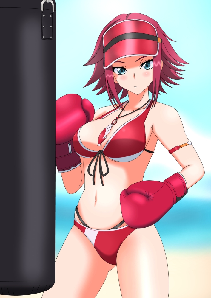 1girl bangs beach bikini blue_eyes blue_sky blurry blurry_background blush boxing_gloves breasts closed_mouth code_geass code_geass:_genesic_re;code commentary cowboy_shot day depth_of_field front-tie_bikini front-tie_top frown halterneck hiromon horizon jewelry kallen_stadtfeld large_breasts looking_at_viewer medium_breasts multi-strapped_bikini navel necklace official_alternate_costume outdoors punching_bag red_bikini red_hair red_headwear short_hair sky solo standing swimsuit visor_cap