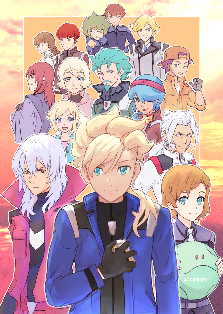 5girls 6+boys ;d aqua_hair arisa_gunhale arm_around_neck asemu_asuno bangs baseball_cap black_gloves black_jacket blonde_hair blue_coat blue_eyes blue_hair blue_necktie braid brown_eyes brown_hair closed_mouth coat crossed_arms deen_anon emily_armond flit_asuno frederick_algreus glasses gloves green_hair grey_gloves grey_jacket grin hair_between_eyes hair_over_one_eye hair_over_shoulder halo hand_on_another's_shoulder hat headband holding jacket long_hair looking_at_viewer low_ponytail macil_voyd momoza_r multiple_boys multiple_girls necktie obright_lorain one_eye_closed open_clothes open_coat open_mouth orange_jacket outline parted_bangs purple_jacket red_hair red_headband remi_ruth rody_madorna romary_stone shawee_belton short_hair smile twin_braids twintails twitter_username unoa_asuno white_hair woolf_enneacle zeheart_galette