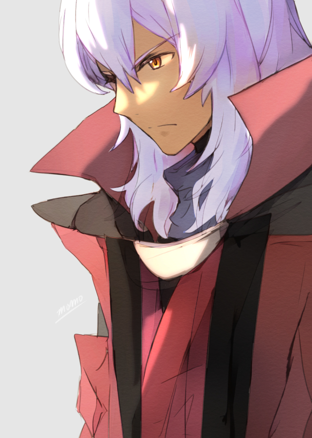 1boy bangs closed_mouth coat frown grey_background grey_hair gundam gundam_age long_hair male_focus momoza_r red_coat sketch solo straight_hair yellow_eyes zeheart_galette