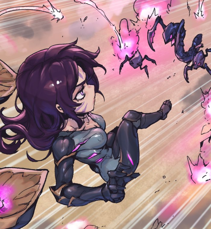 1girl black_bodysuit bodysuit breasts cleavage creature detached_wings explosion facial_mark glowing grey_bodysuit kai'sa large_breasts league_of_legends long_hair motion_lines phantom_ix_row pink_eyes purple_hair shiny shiny_hair speed_lines voidling wings