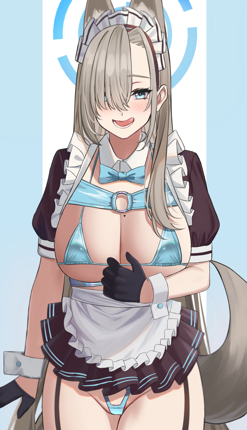 1girl animal_ears apron arm_at_side asuna_(blue_archive) bikini black_gloves black_skirt blue_archive blue_bikini blue_bow blue_bowtie blue_eyes blush bow bowtie breasts collar cowboy_shot fox_ears fox_tail frilled_apron frilled_hairband frilled_skirt frills gaitoou garter_straps gloves hair_over_one_eye hairband half_gloves halo highres large_breasts licking_lips light_brown_hair long_hair maid maid_apron maid_headdress micro_bikini mole mole_on_breast open_mouth puffy_short_sleeves puffy_sleeves short_sleeves shrug_(clothing) skirt solo straight_hair strap_pull string_bikini swimsuit tail teeth tongue tongue_out two-tone_background very_long_hair waist_apron white_collar white_hairband white_wrist_cuffs wrist_cuffs