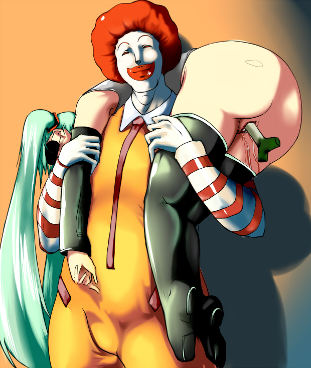 1girl ass blindfold blood bottomless carrying fireman's_carry hatsune_miku hetero horror_(theme) ketchup long_hair mcdonald's negi_suppository no_anus object_insertion pussy ronald_mcdonald saruanu smile spring_onion thighhighs very_long_hair vocaloid