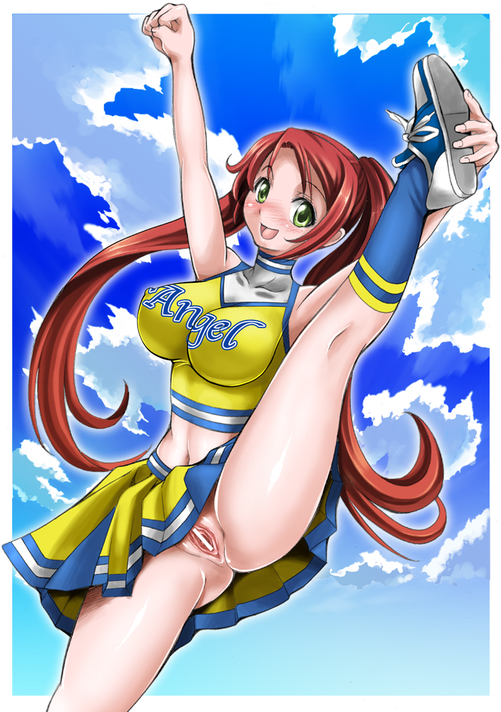 bad_anatomy blush breasts censored cheerleader cloud crop_top day green_eyes itachou kneepits large_breasts leg_hold legs long_hair midriff no_panties original pointless_censoring pussy red_hair sky smile solo split spread_pussy standing standing_on_one_leg standing_split twintails