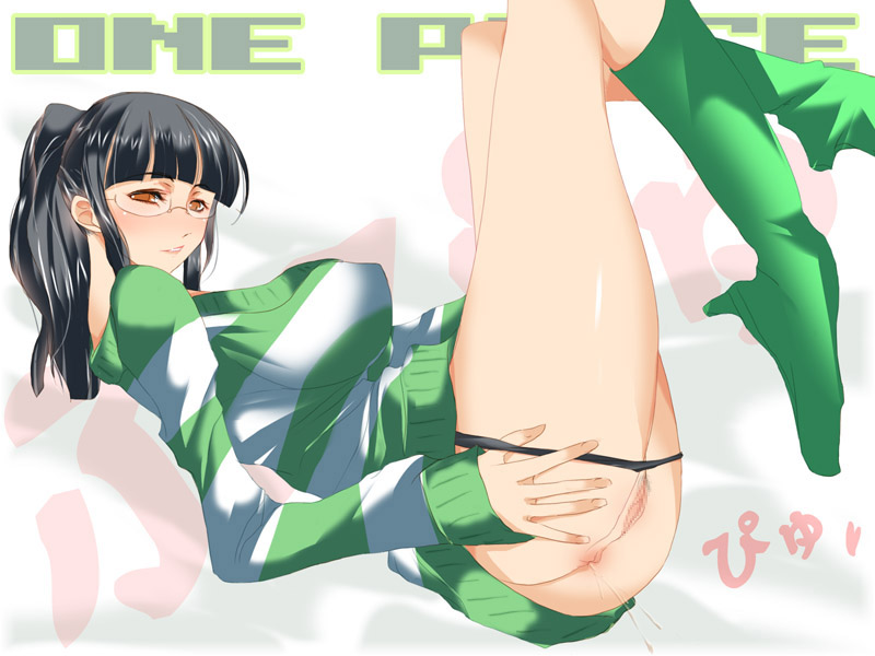 anus ass bad_id bad_pixiv_id black_hair black_panties blush boots breasts brown_eyes censored covered_nipples dress from_side glasses high_heels large_breasts legs_up morihama_karute nico_robin one_piece one_piece:_strong_world panties panty_pull ponytail pubic_hair pussy shirt shoes smile solo striped striped_shirt sweater sweater_dress underwear