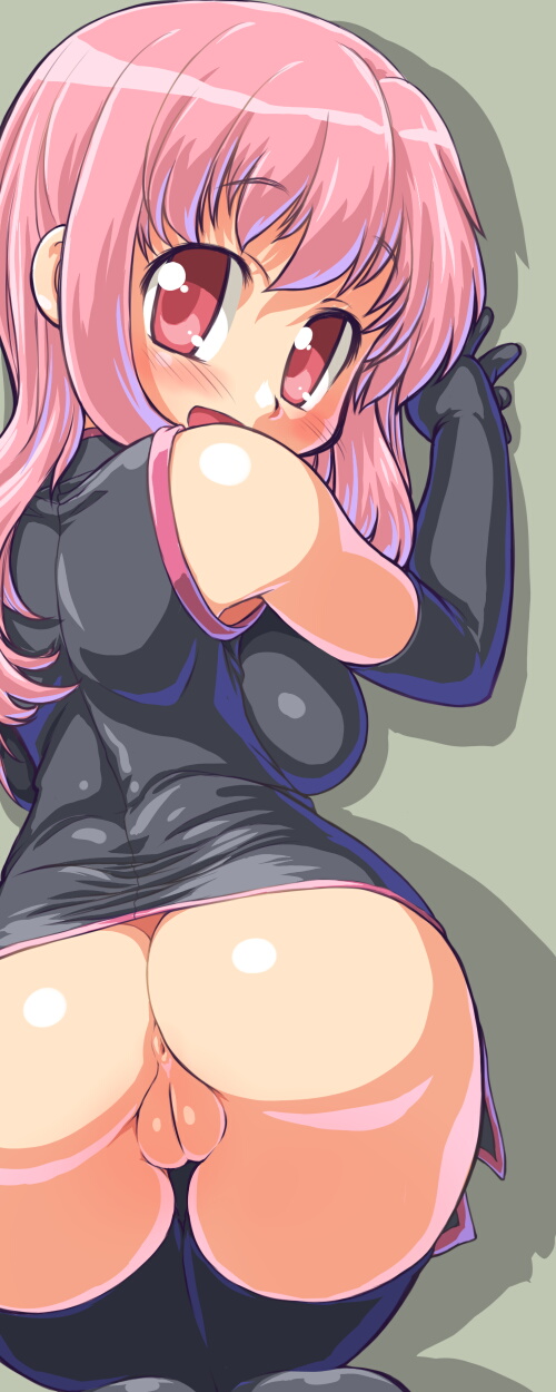 anus ass bare_shoulders blush dd_(ijigendd) elbow_gloves fat_mons gloves highres kneeling latex latex_gloves long_hair looking_back no_panties original pink_eyes pink_hair pussy solo thighhighs
