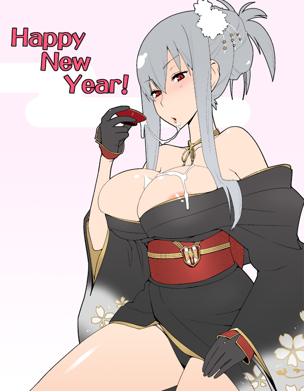 areola_slip areolae bad_id bad_pixiv_id bare_shoulders breasts cleavage cum cum_on_body cum_on_breasts cum_on_upper_body cum_string cup gloves hair_ornament huge_breasts japanese_clothes kimono new_year ogata_mamimi red_eyes sakazuki selvaria_bles senjou_no_valkyria silver_hair solo