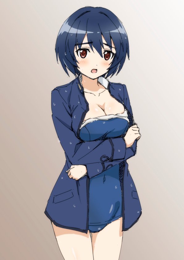 1girl blue_hair blue_swimsuit blush brave_witches breasts brown_eyes cleavage collarbone covered_navel grey_background large_breasts looking_at_viewer military military_uniform open_mouth sakakibara_taiga shimohara_sadako shiny shiny_hair short_hair simple_background solo swimsuit uniform world_witches_series