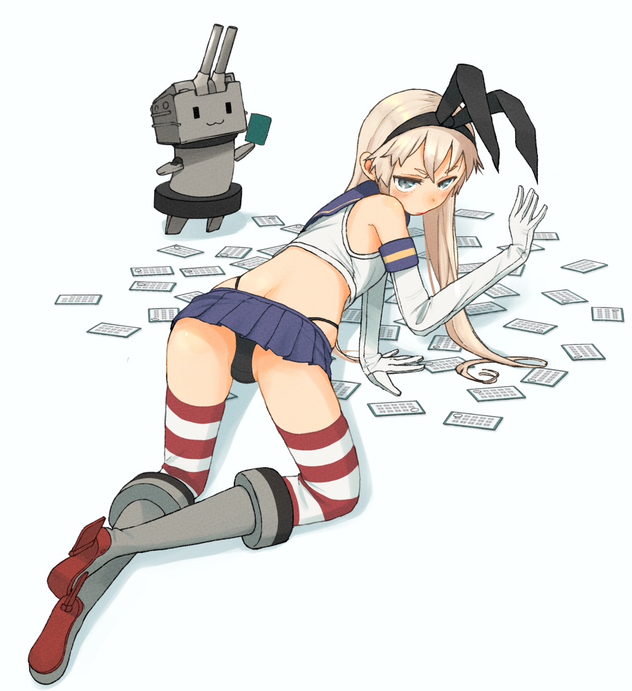 1girl all_fours ass black_hairband black_panties blonde_hair blue_sailor_collar blue_skirt card commentary_request crop_top elbow_gloves from_behind gloves grey_eyes hairband highleg highleg_panties kantai_collection karuta_(card_game) kitsuneno_denpachi long_hair looking_at_viewer microskirt miniskirt panties playing_games pleated_skirt rensouhou-chan sailor_collar shimakaze_(kancolle) skirt striped striped_thighhighs thighhighs underwear white_gloves