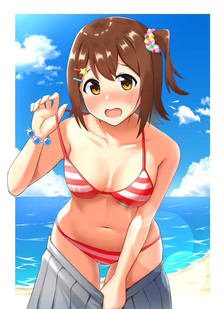 1girl beach blue_sky breasts brown_eyes brown_hair cloud commentary_request cowboy_shot day grey_skirt hair_ornament hairclip idolmaster idolmaster_million_live! idolmaster_million_live!_theater_days karua_(karua23) kasuga_mirai leaning_forward looking_at_viewer medium_breasts one_side_up open_mouth outdoors pleated_skirt pulled_by_self scrunchie short_hair skirt sky solo strap_pull striped striped_swimsuit swimsuit undressing