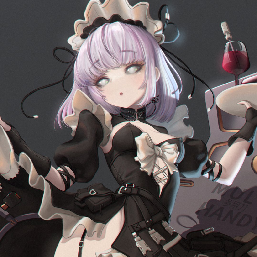 1girl :o alcohol android apron arm_behind_back arms_up bangs belt black_background black_belt black_headwear black_sclera black_skirt blush bob_cut border bottle breasts bright_pupils center_opening chinese_text clothes_lift collar collarbone colored_sclera colored_skin cup cyborg doll dress dress_lift drinking_glass english_text expressionless eyebrows_hidden_by_hair eyelashes frilled_apron frilled_dress frilled_hairband frilled_skirt frilled_sleeves frills full_body garter_belt garter_straps gloves gold grey_background groin hair_ornament hair_ribbon hairband hancho high_heels holding holding_clothes holding_dress looking_away machine machinery maid maid_apron maid_headdress marionette mecha mechanical mechanical_parts no_panties opening original pale_color pale_skin puffy_sleeves puppet purple_hair ribbon robot short_hair shrug_(clothing) simple_background skirt skirt_hold skirt_lift small_breasts solo standing strap tape tools weapon weapon_on_back white_headwear white_pupils white_ribbon white_skin white_skirt wine wine_bottle wine_glass