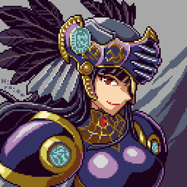 1girl armor black_hair feathers helmet hiroita hrist_valkyrie long_hair looking_at_viewer lowres pixel_art purple_armor red_eyes shoulder_armor valkyrie valkyrie_profile winged_helmet