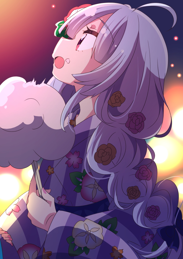 1girl :o ahoge assault_lily bangs blue_bow blunt_bangs blurry blurry_background bow braid braided_ponytail commentary_request cotton_candy fingernails floral_print flower food food_on_face from_side grey_hair hair_between_eyes hair_bow hair_flower hair_ornament hands_up honkawa_works japanese_clothes kimono light_particles long_hair long_sleeves looking_away looking_up low_ponytail miriam_hildegard_von_gropius night obi official_alternate_costume official_alternate_hairstyle open_mouth outdoors pink_eyes pink_flower pink_rose print_kimono profile purple_kimono rose sash single_braid sleeves_past_wrists solo standing striped striped_kimono upper_body vertical-striped_kimono vertical_stripes wide_sleeves yellow_flower yellow_rose yukata