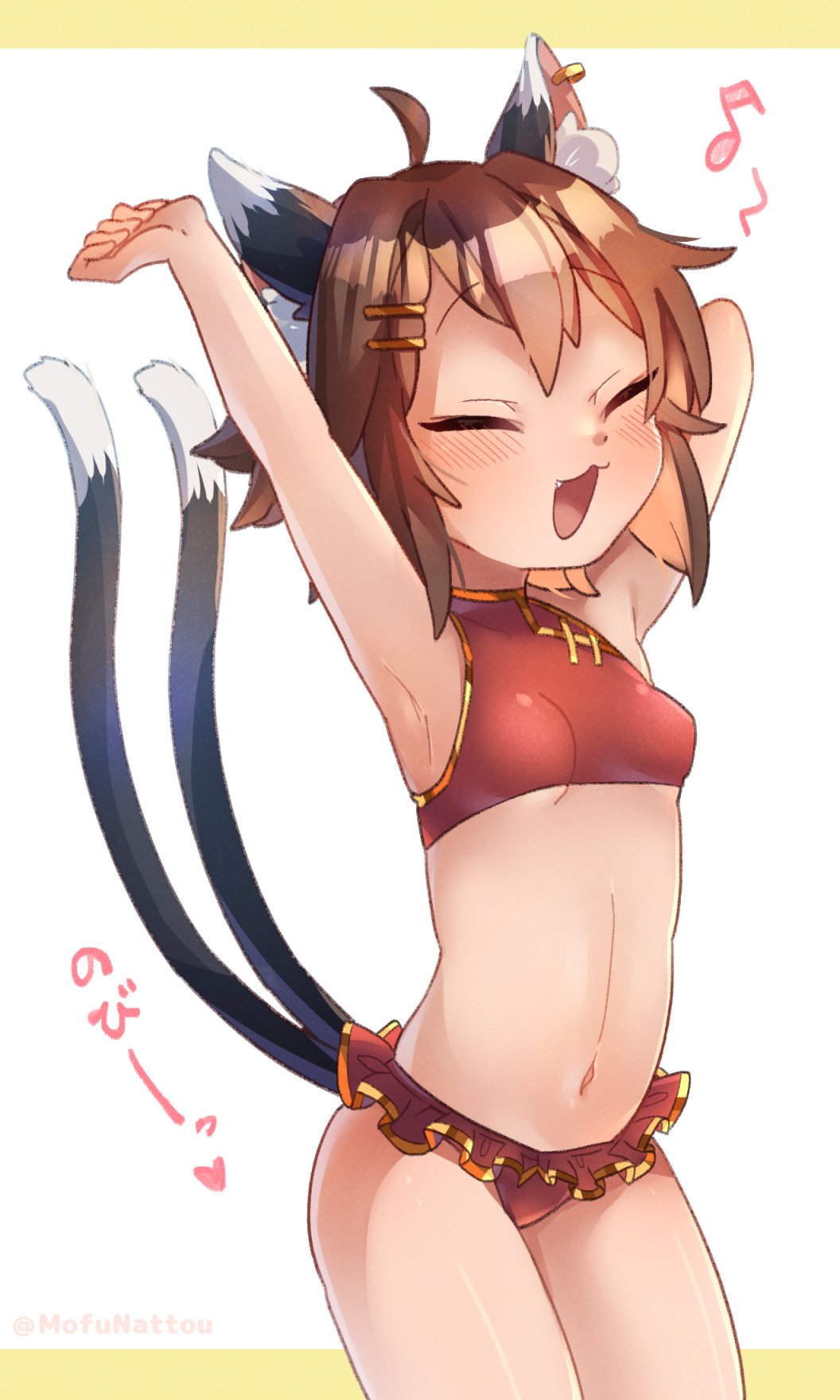 1girl :3 ahoge animal_ear_fluff animal_ears armpit_crease arms_up bangs blush breasts brown_hair cat_ears cat_tail chen closed_eyes commentary_request earrings fang frilled_swimsuit frills hair_ornament hairclip highres ibaraki_natou jewelry multiple_tails musical_note navel open_mouth red_swimsuit short_hair single_earring small_breasts solo stomach stretching swimsuit tail touhou twitter_username two_tails yawning