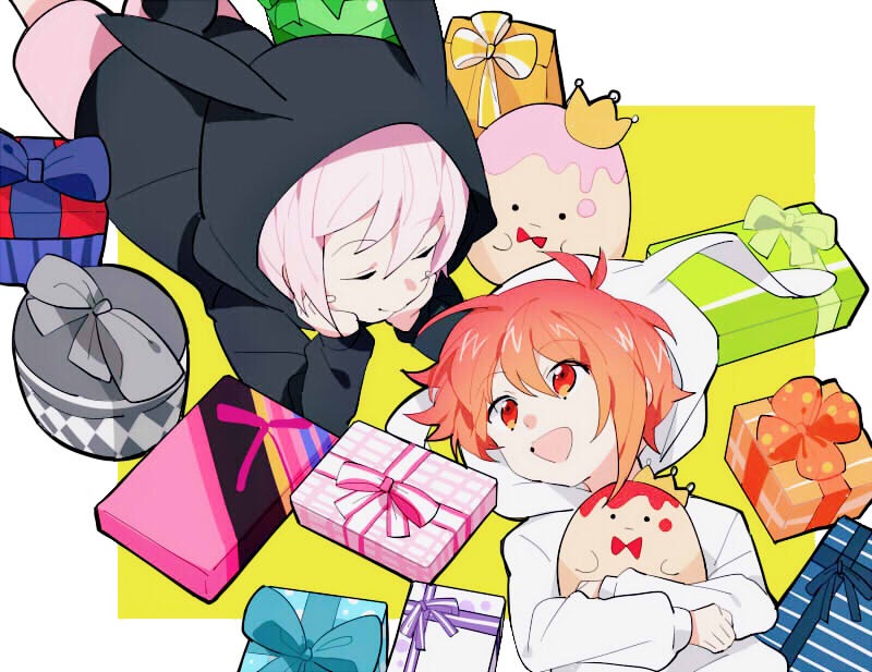 2boys animal_hood box closed_eyes crown gift gift_box hood idolish_7 kujou_tenn kumomero long_sleeves looking_at_another male_child male_focus multiple_boys nanase_riku open_mouth red_eyes red_hair short_hair siblings smile stuffed_toy twins white_hair younger