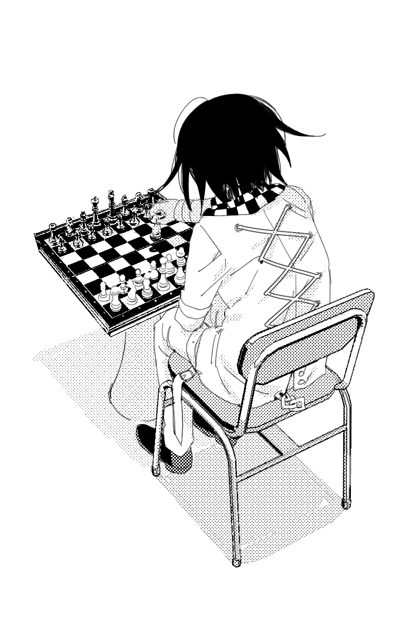 1boy 50k_v3 board_game chair checkered_clothes checkered_scarf chess danganronpa_(series) danganronpa_v3:_killing_harmony from_above from_behind grey_background highres holding_chess_piece jacket long_sleeves male_focus ouma_kokichi pants scarf shoes short_hair simple_background sitting solo table