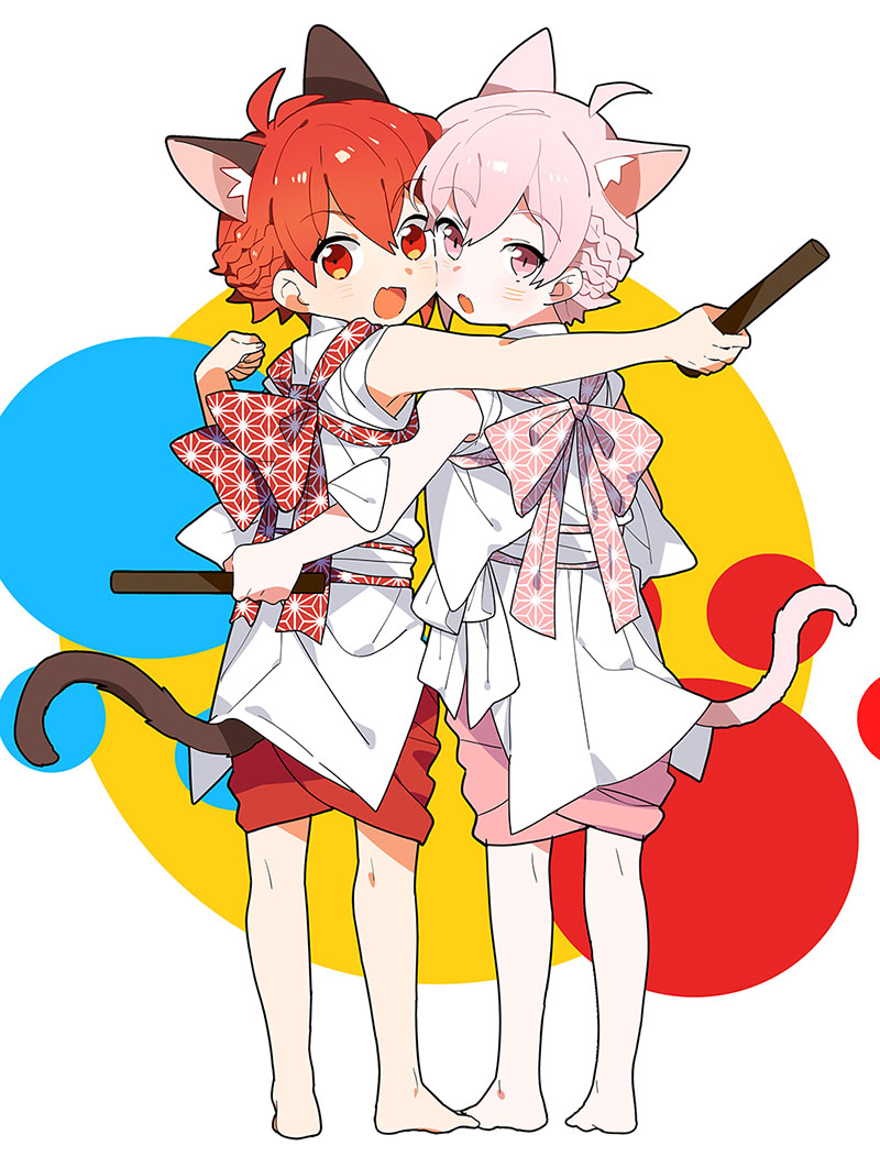 2boys alternate_costume alternate_hairstyle animal_ears cat_boy cat_ears cat_tail full_body hair_between_eyes idolish_7 kujou_tenn kumomero looking_at_viewer male_child male_focus multiple_boys nanase_riku open_mouth red_eyes red_hair short_hair siblings tail twins white_hair younger