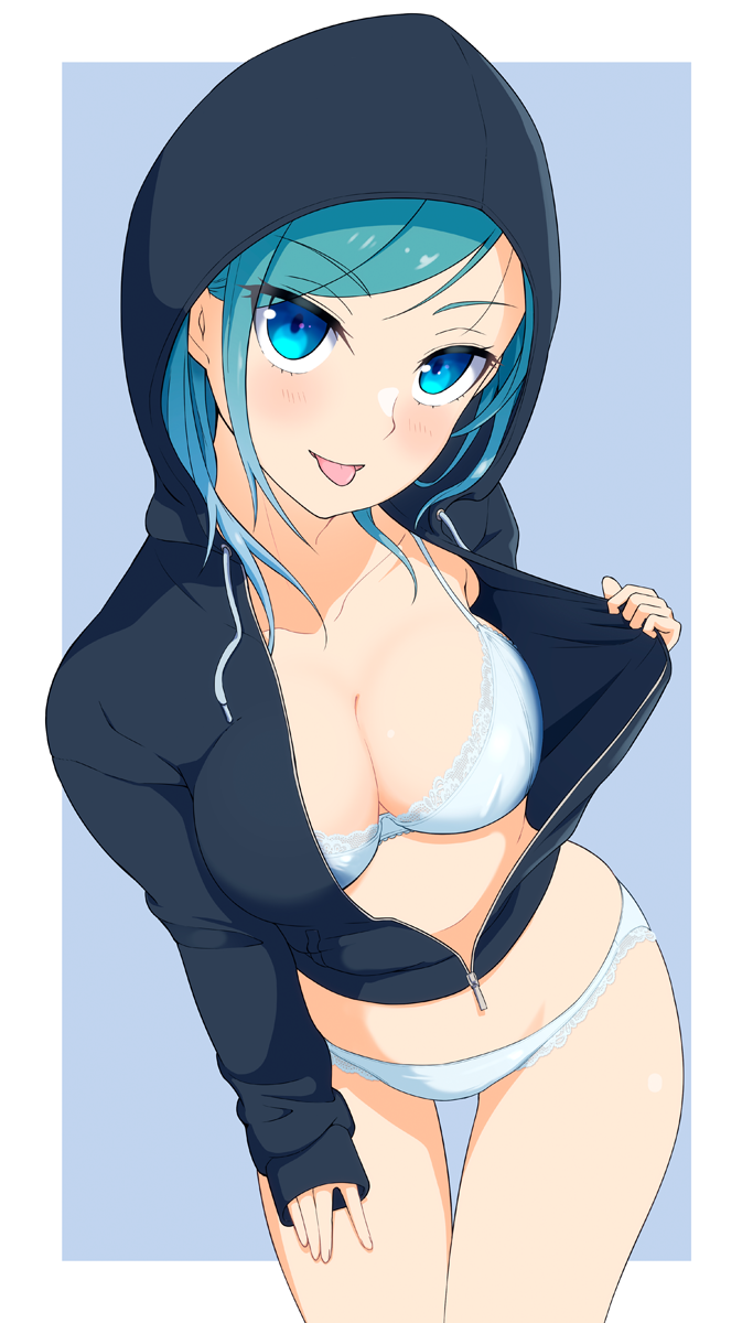 1girl :p blue_background blue_bra blue_eyes blue_hair blue_panties border bra hi_iro highres hood hood_down hoodie leaning_forward long_sleeves looking_at_viewer medium_hair open_clothes open_hoodie original panties smile solo thigh_gap tongue tongue_out underwear white_border