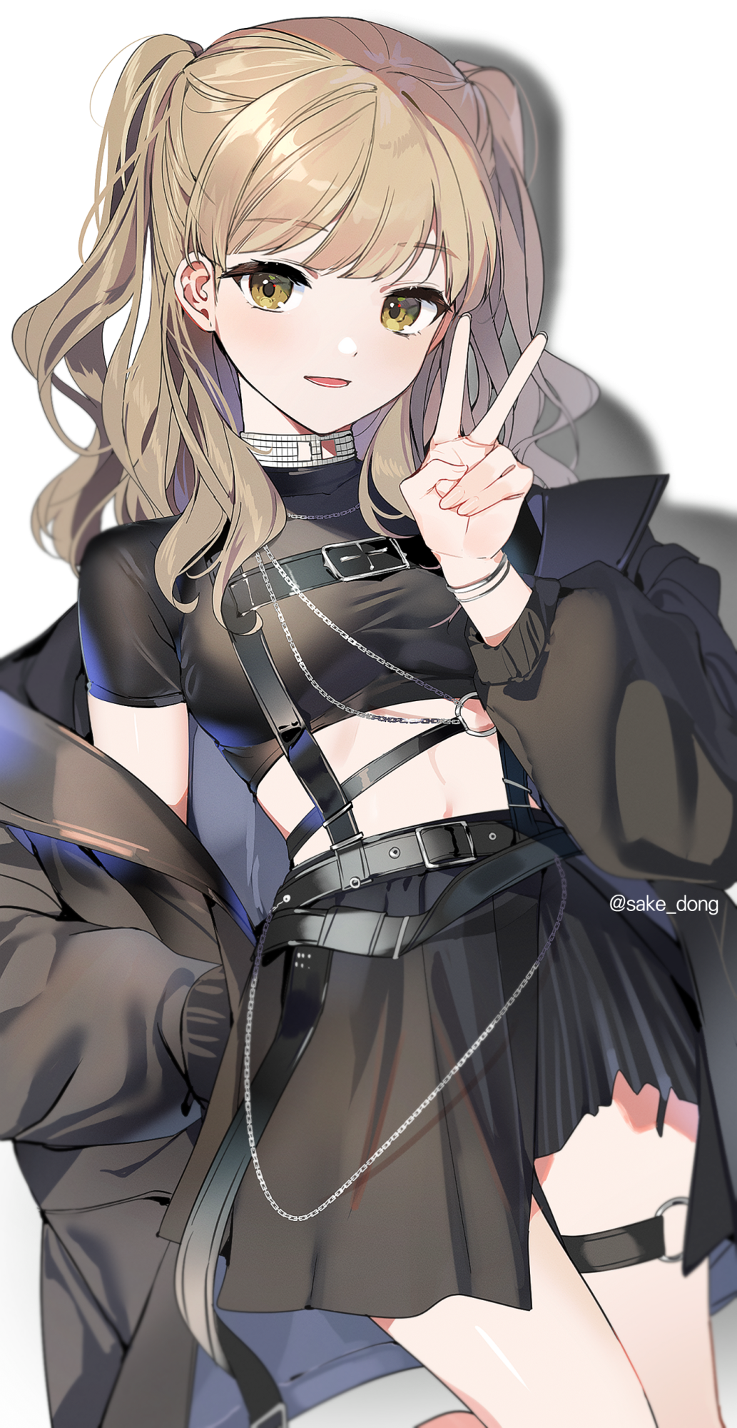 1girl banned_artist black_jacket black_shirt black_skirt blonde_hair breasts crop_top hand_in_pocket hand_up highres jacket large_breasts long_hair long_sleeves looking_at_viewer midriff nijisanji off_shoulder open_clothes open_jacket parted_lips puffy_long_sleeves puffy_sleeves sake_dong shirt short_sleeves sister_cleaire skirt solo thigh_strap two_side_up v virtual_youtuber yellow_eyes