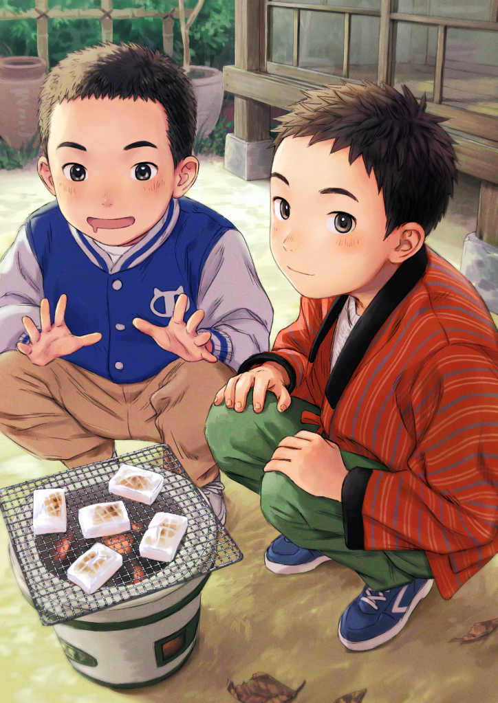 2boys architecture b_gent child closed_mouth commentary_request dotera_(clothes) east_asian_architecture food grill jacket long_sleeves looking_at_food looking_at_viewer male_child male_focus multiple_boys open_mouth original outdoors pants plant potted_plant roasting shichirin short_hair squatting tofu