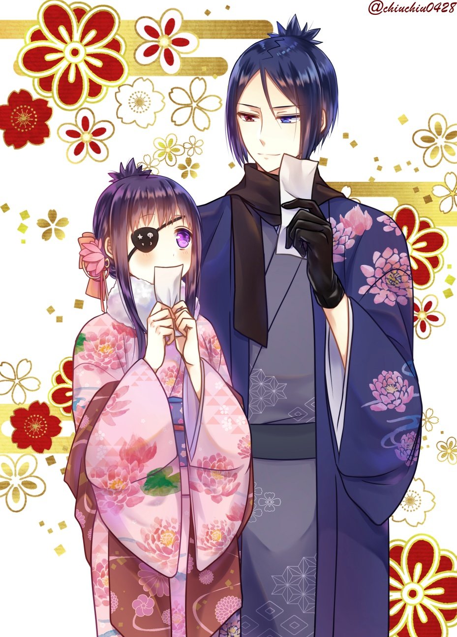 1boy 1girl blue_eyes blue_hair chrome_dokuro closed_mouth eyepatch heterochromia highres hihibi japanese_clothes katekyo_hitman_reborn! kimono purple_eyes purple_hair red_eyes rokudou_mukuro short_hair smile