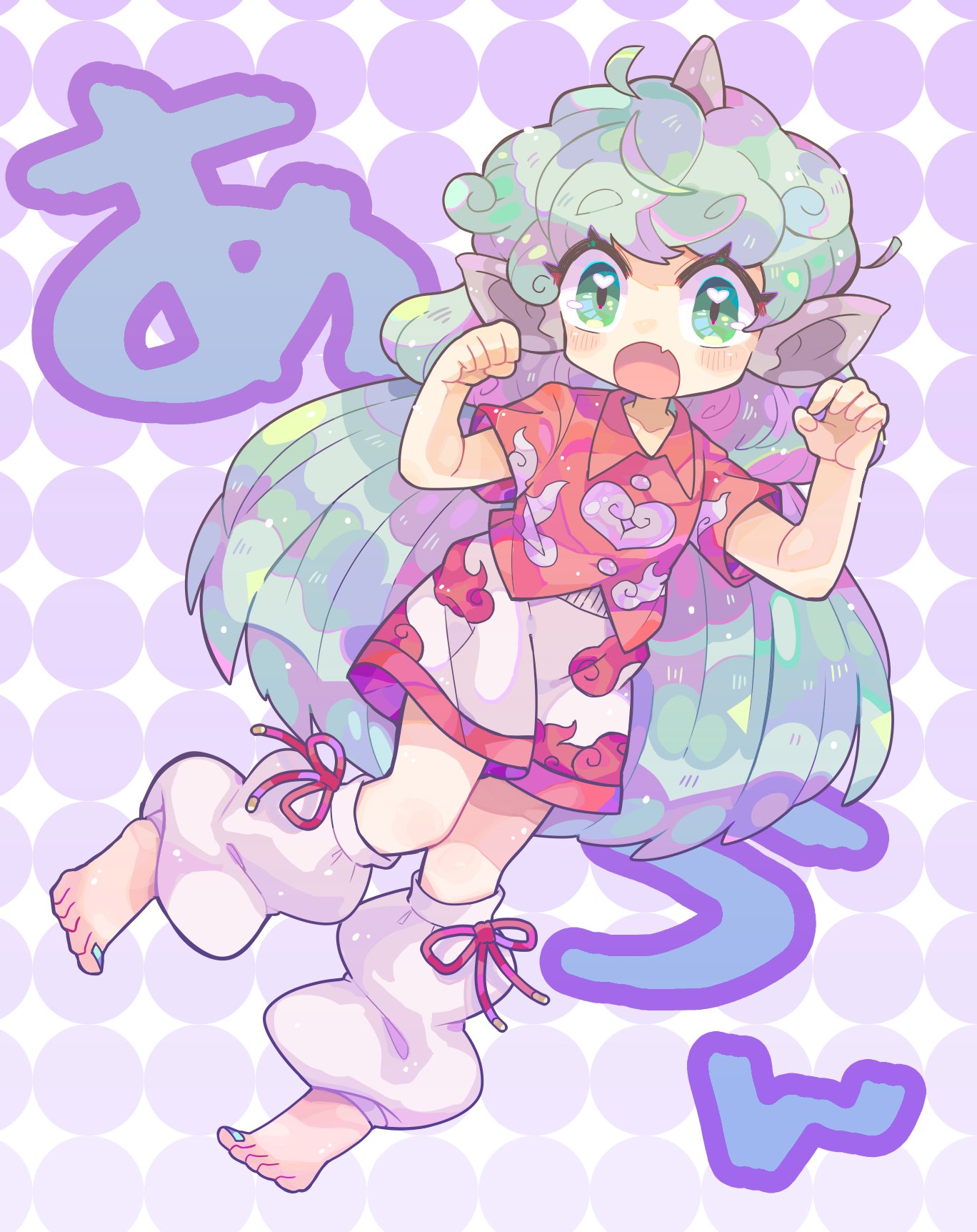 1girl barefoot buttons cloud_print collared_shirt curly_hair full_body green_eyes green_hair harunori_(hrnrx) heart heart-shaped_pupils highres horns kariyushi_shirt komano_aunn leg_warmers long_hair nail_polish open_mouth paw_pose red_ribbon red_shirt ribbon shirt short_sleeves shorts single_horn solo symbol-shaped_pupils toes touhou translation_request very_long_hair white_shorts