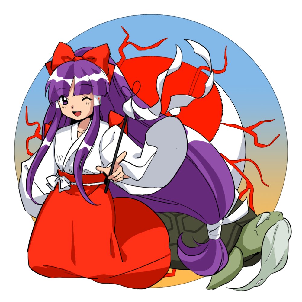 1boy 1girl beard bow commentary_request facial_hair genjii_(touhou) gohei hair_bow hair_tubes hakama hakama_skirt hakurei_reimu hakurei_reimu_(pc-98) japanese_clothes kaigen_1025 kimono long_hair long_sleeves miko one_eye_closed open_mouth orb purple_eyes purple_hair red_bow red_hakama sidelocks skirt touhou touhou_(pc-98) turtle very_long_hair white_kimono wide_sleeves yin_yang yin_yang_orb younger