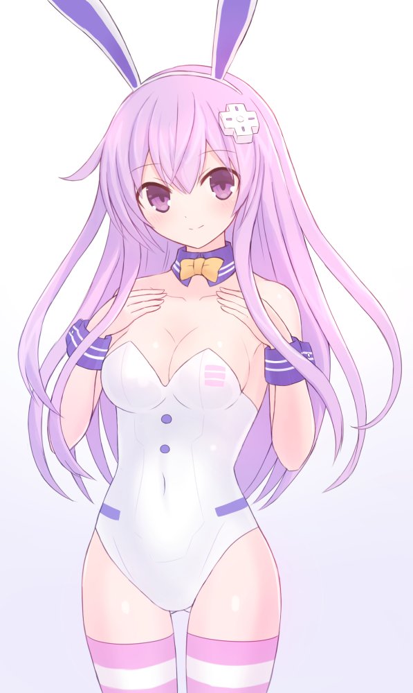 1girl adapted_costume animal_ears breasts choujigen_game_neptune_mk2 cleavage d-pad d-pad_hair_ornament detached_collar hair_ornament leotard long_hair medium_breasts nepgear neptune_(series) playboy_bunny purple_eyes purple_hair rabbit_ears simple_background smile solo strapless strapless_leotard striped striped_thighhighs suta_(clusta) thigh_gap thighhighs white_background wrist_cuffs